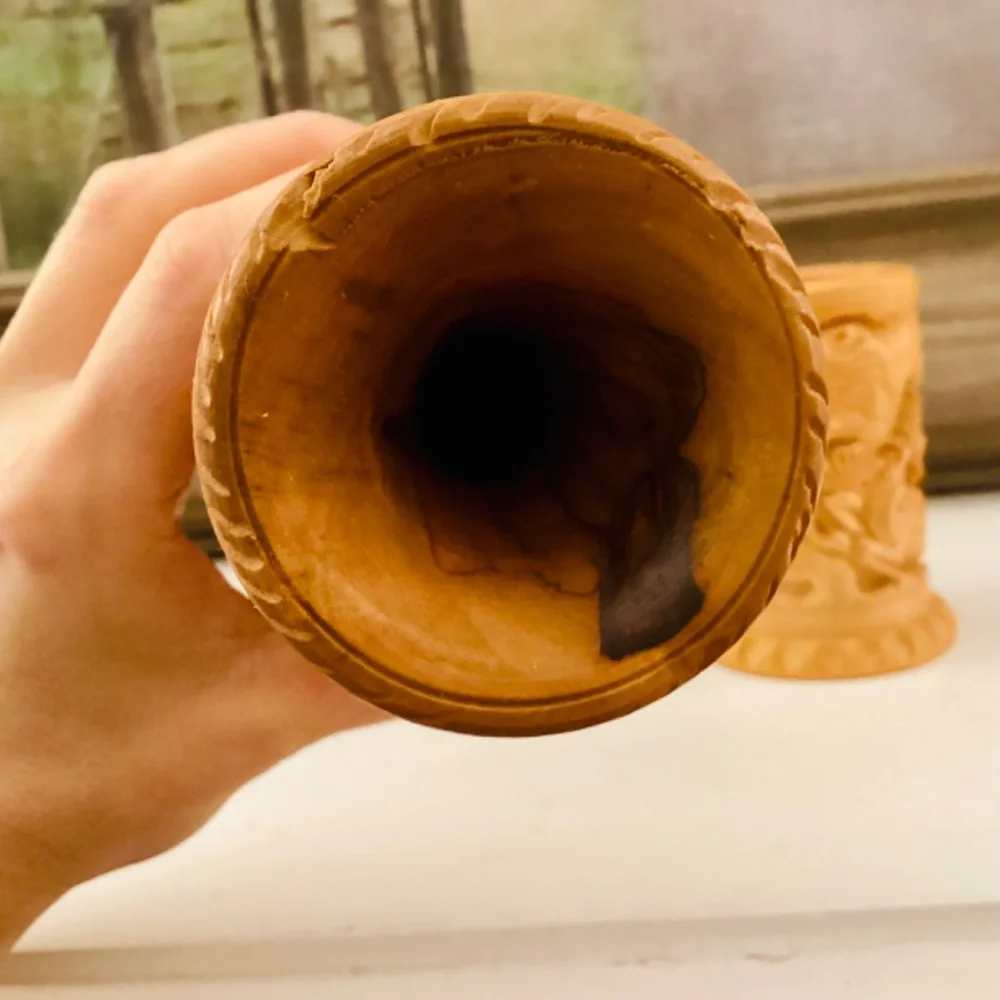 Handcrafted Carved Wooden Vase Pencil Holder Gift Set Of 2 Office Décor Vintage